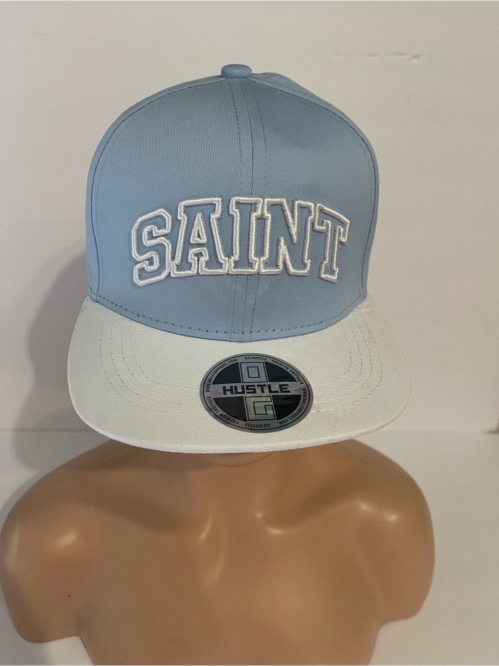 Saint Embroidered Two-Tone Blue and White Snapback Hat